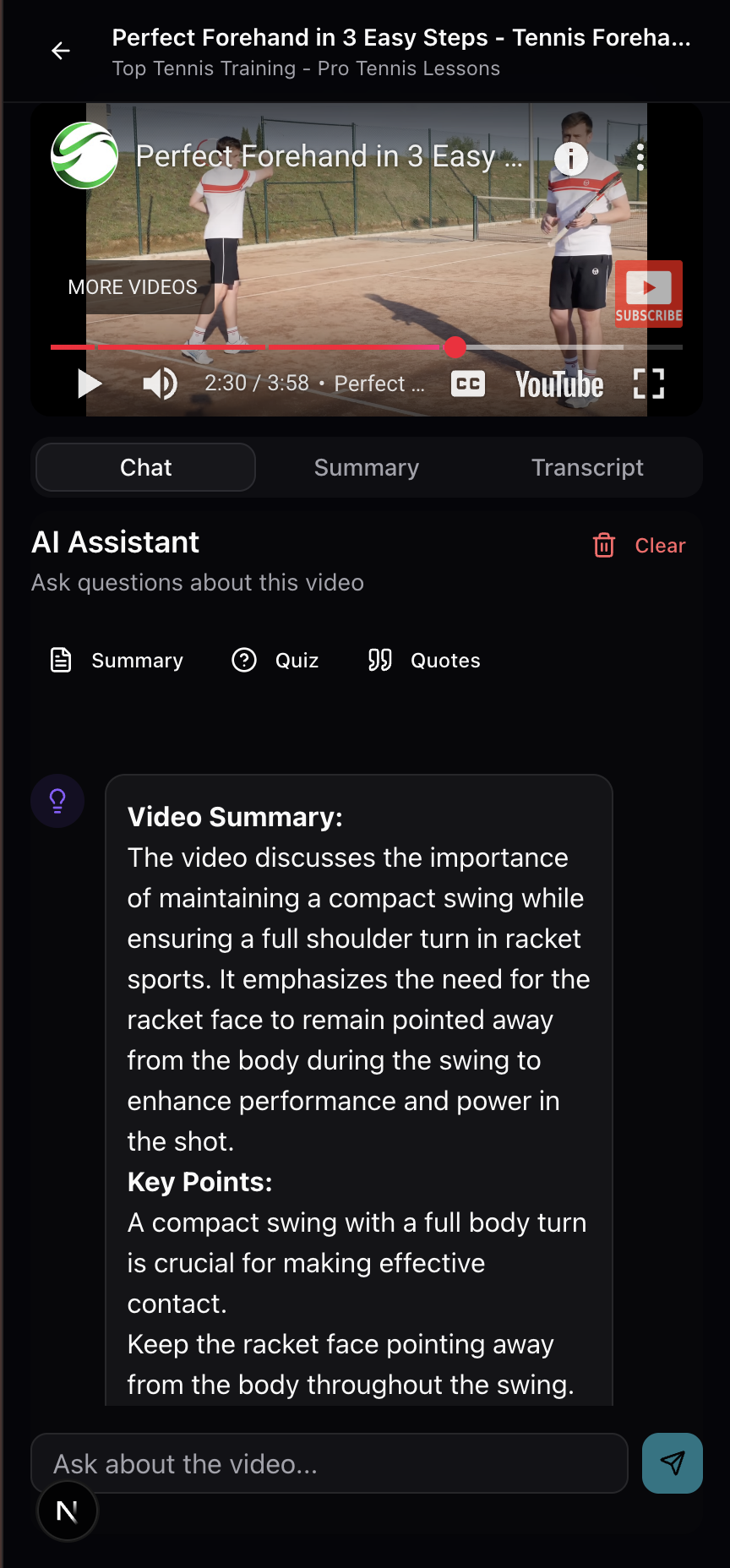 AI Assistant with video summaries, quotes extraction, and interactive chat